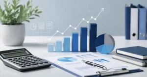 A modern office workspace featuring accounting tools, including a calculator, financial charts, and notebooks, symbolizing the concept of accounting advisory services. The image focuses on financial analysis, planning, and strategy, with a clean, minimalist aesthetic.