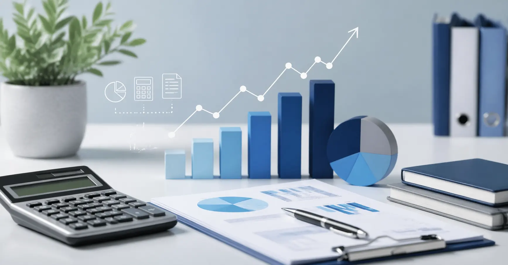 A modern office workspace featuring accounting tools, including a calculator, financial charts, and notebooks, symbolizing the concept of accounting advisory services. The image focuses on financial analysis, planning, and strategy, with a clean, minimalist aesthetic.