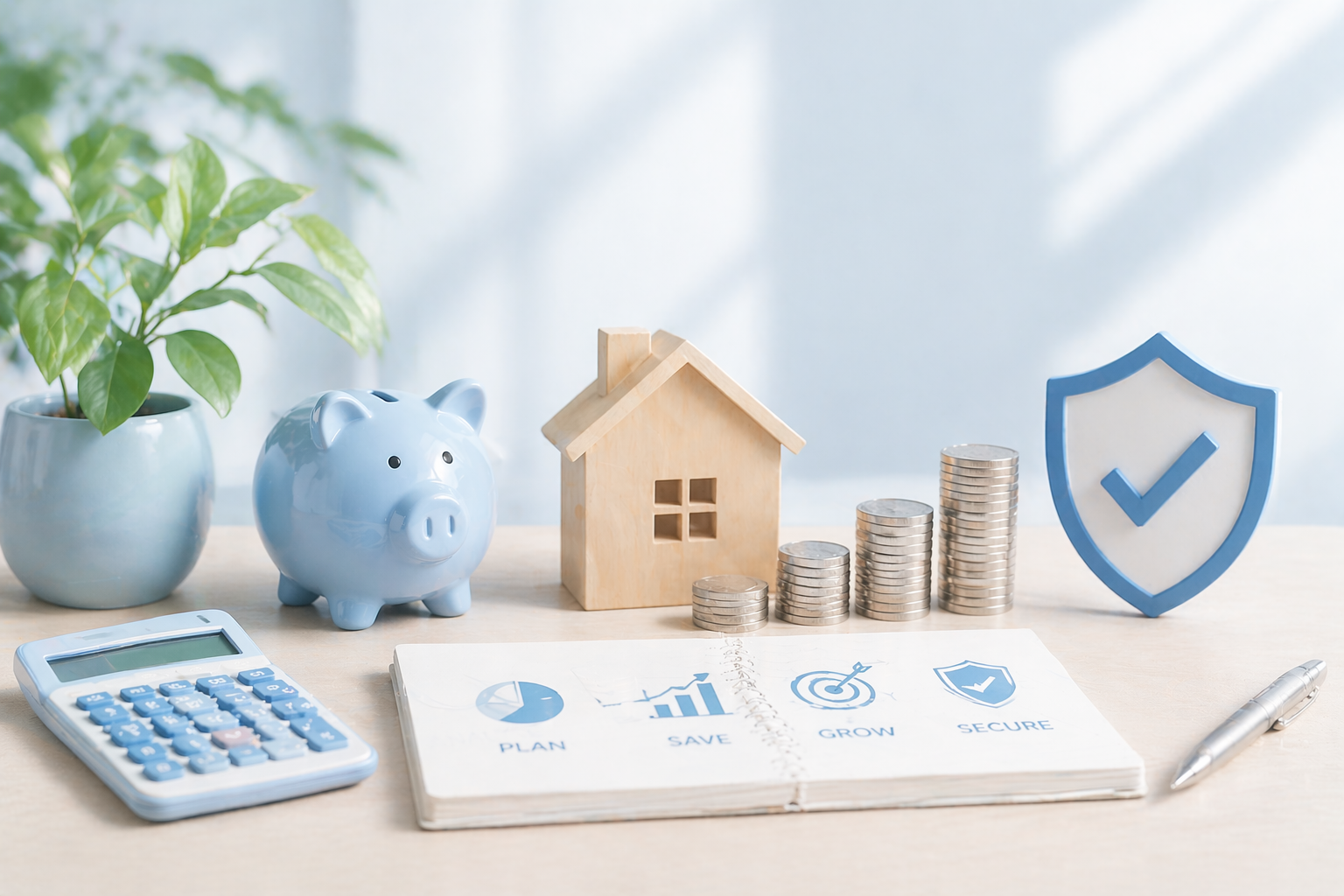 A calming and minimalist financial setup featuring a piggy bank, house model, stacks of coins, calculator, and a notebook with icons for planning, saving, growing, and securing. The light wood tones and soft blue and white accents create a peaceful atmosphere, symbolizing financial growth and security.