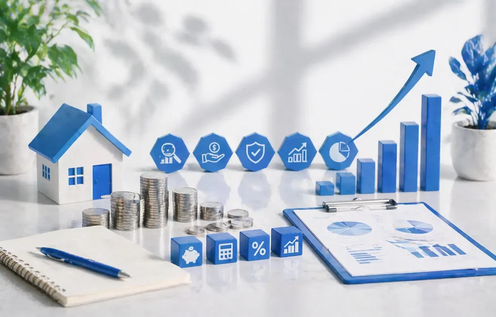 A minimalist 3D still life composition showcasing elements of tax planning, including a calendar, notebook with charts, target, and growth symbols like coins and bar charts. The scene, in calming blue and white tones, reflects the importance of strategic tax planning for financial growth and security.