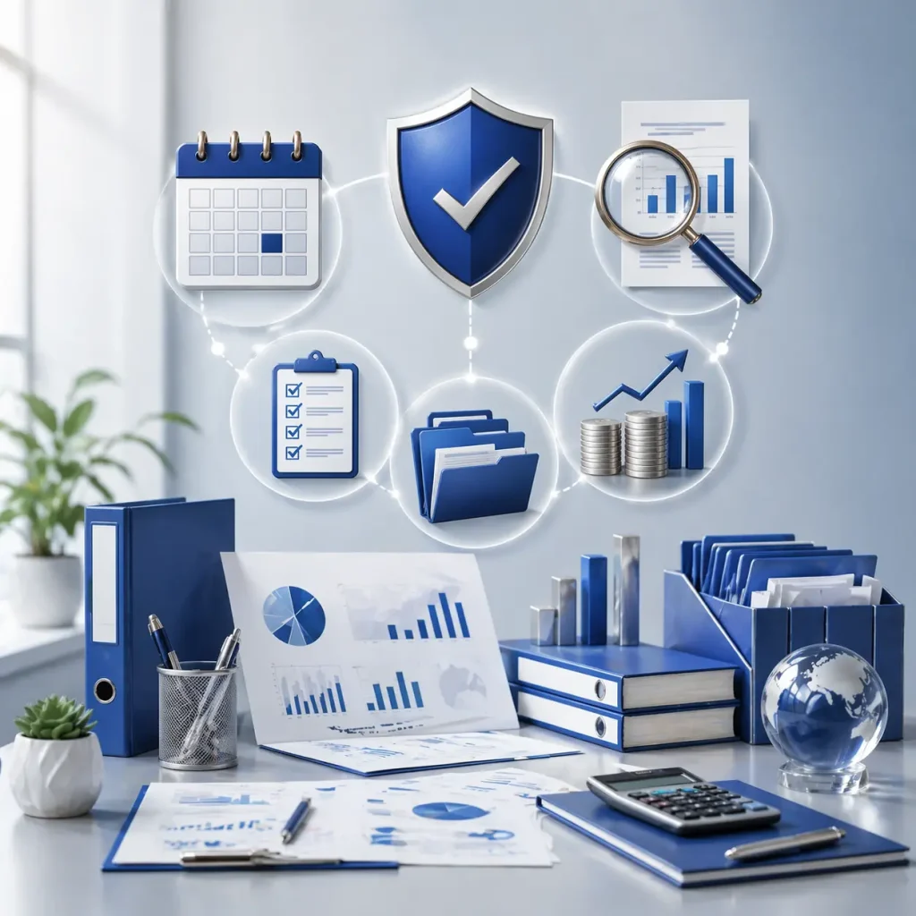Modern corporate office workspace illustration with business tax advisory infographic icons, showing a shield for compliance, calendar for deadlines, magnifying glass over charts, file folders, checklists, and financial growth symbols in a blue and white theme.