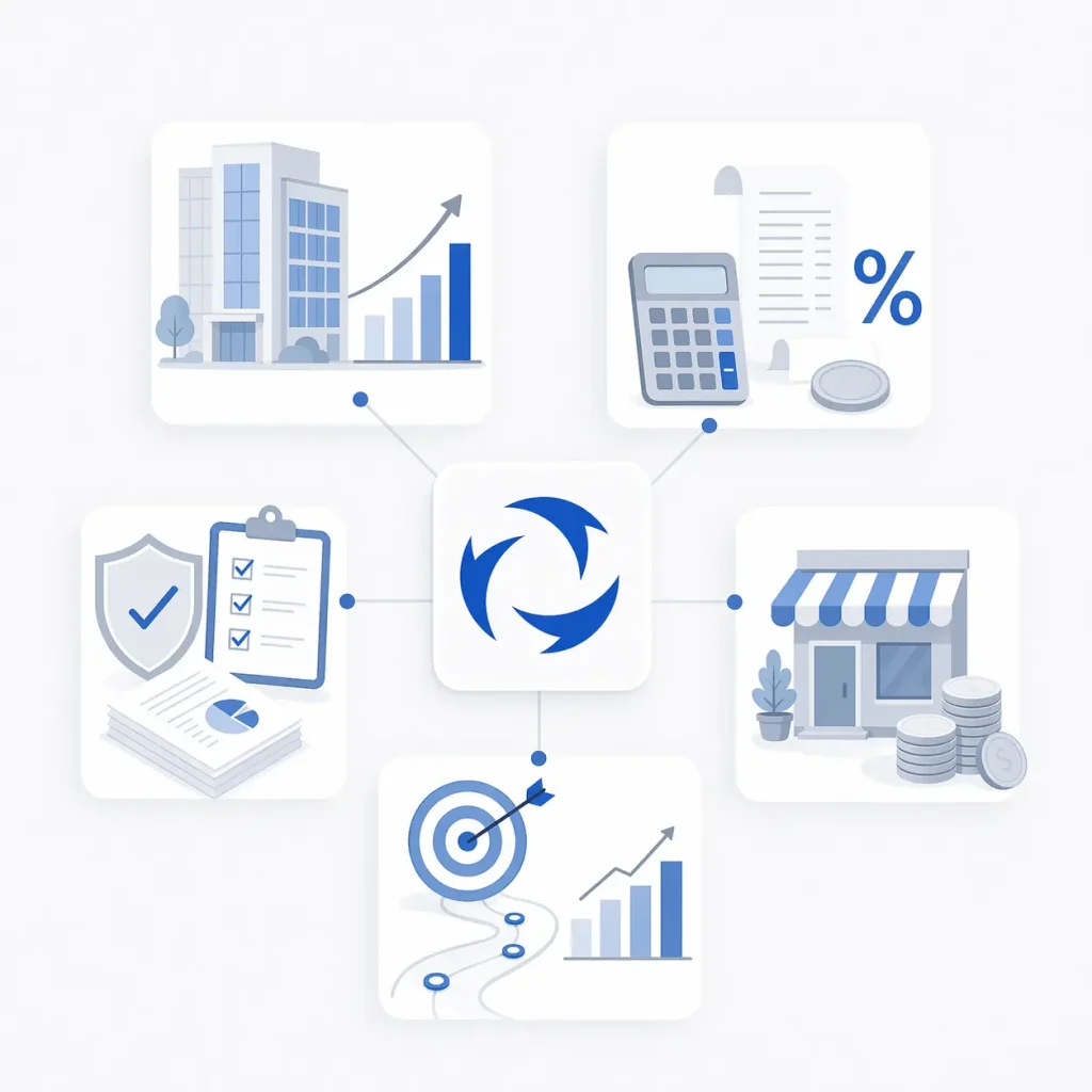 Business Tax Advisory Services infographic showing connected business tax solutions, including corporate tax planning, tax compliance, SME tax advisory, strategic tax planning, and financial management in a clean blue and white design.